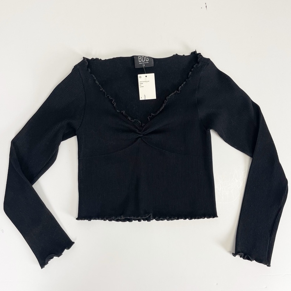 BDG Urban Outfitters Shirt Juniors Small Black Ribbed Vneck Long Sleeve NWT NEW